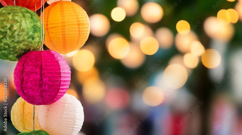 Poster vibrant paper lanterns hanging in a festive atmosphere with blurred lights in the background : gener