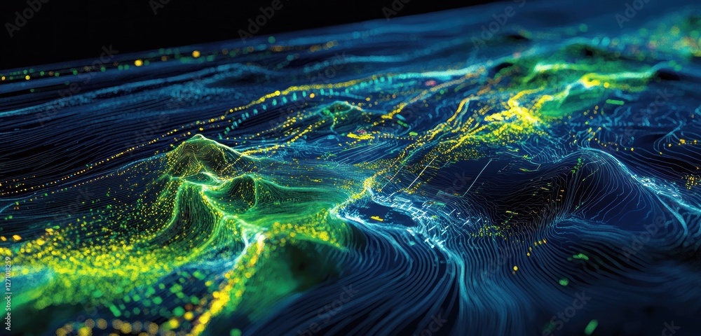 Poster abstract glowing particles forming dynamic waves and flowing energy.
