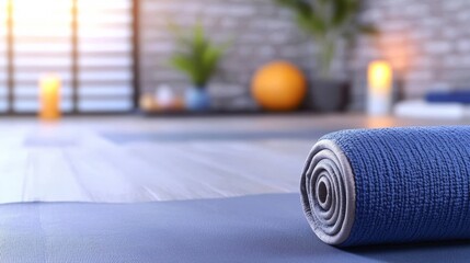 Tranquil Yoga Space Featuring a Vibrant Blue Towel Draped on a Soft Mat Surrounded by Natural Light Creating a Calming Atmosphere for Practice