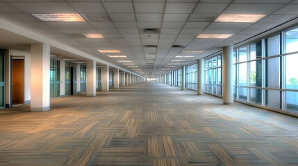Empty Modern Office Hallway with Beige Carpet and Large Windows