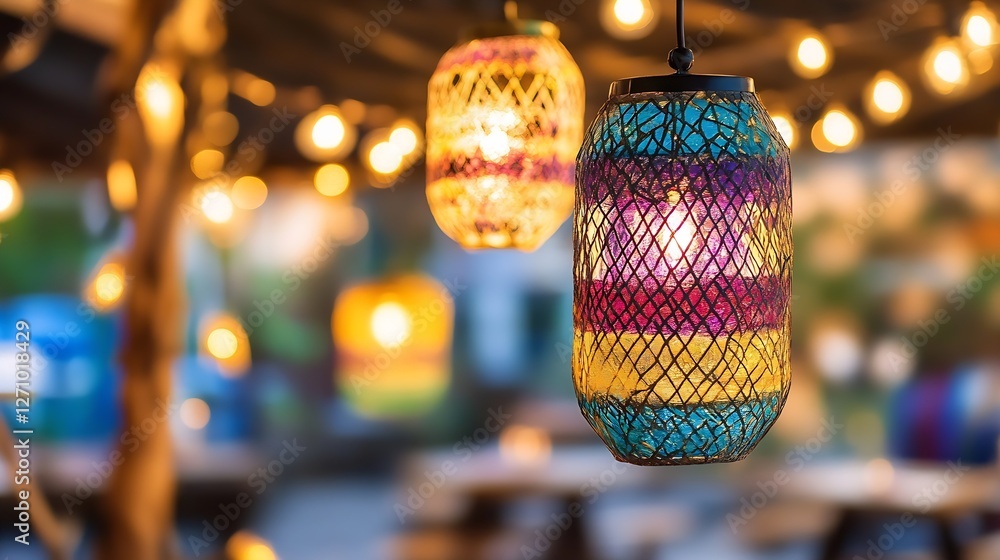Poster colorful decorative lanterns hanging with warm lights creating an inviting outdoor atmosphere : gene