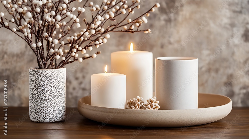 Poster stylish centerpiece featuring elegant candles and natural decor elements for elegant home display : 