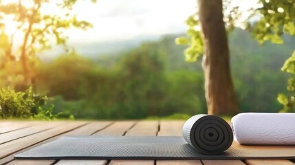 Yoga Mat Resting on Rustic Wooden Table Surrounded by Lush Green Background Creating a Tranquil and Inviting Atmosphere for Mindful Practice