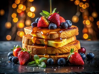 Long exposure captures luscious French toast, flowing syrup, and blurred idyllic background.