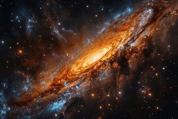Fototapeta premium A vibrant spiral galaxy with swirling arms of gas and dust, glowing stars, and cosmic nebulae.