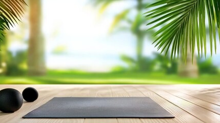 Yoga Mat and Exercise Balls on Rustic Wooden Table Creating a Calm and Inviting Atmosphere for Fitness and Wellness Activities at Home
