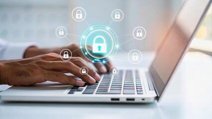 Obraz premium Secure Data Management with Laptop and Digital Lock Interface for Cybersecurity Concept