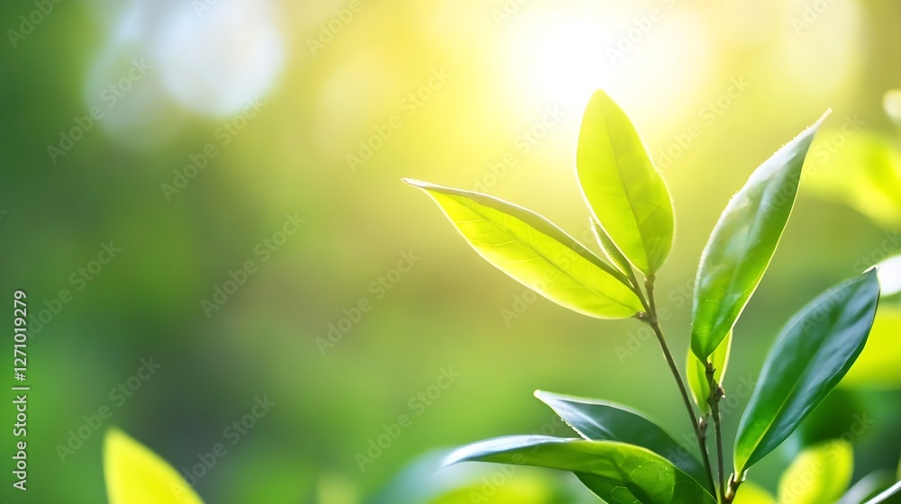 Poster bright green leaves illuminated by sunlight creating a serene natural atmosphere : generative ai