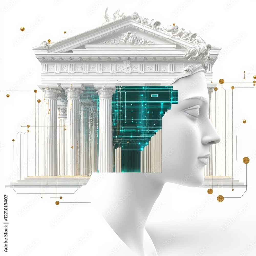 Poster ancient wisdom, modern data: a fusion of classical architecture and digital circuitry in a bust port