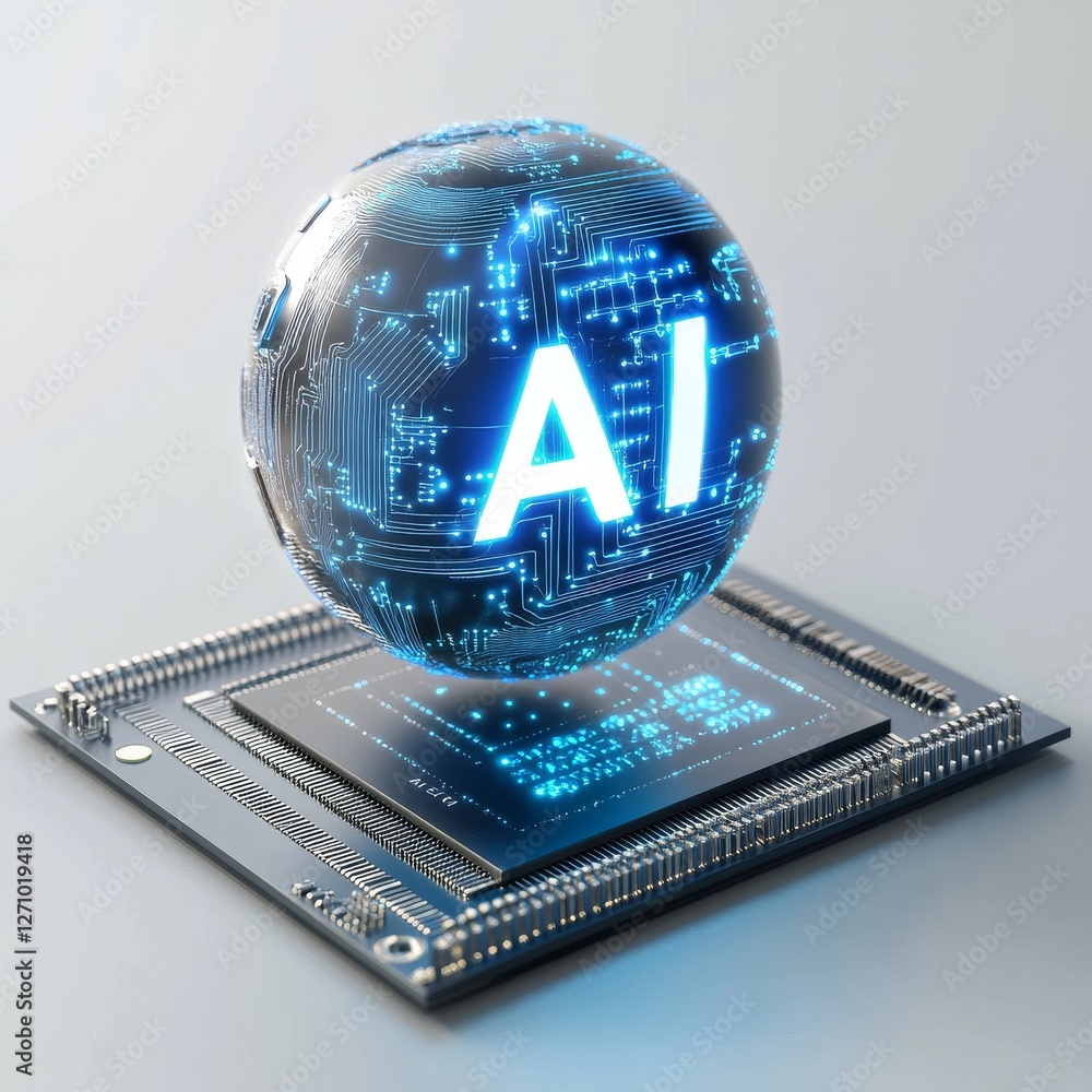 Aufkleber Artificial Intelligence: A Glowing AI Sphere with Circuitry Design Resting on Advanced Computer Chip