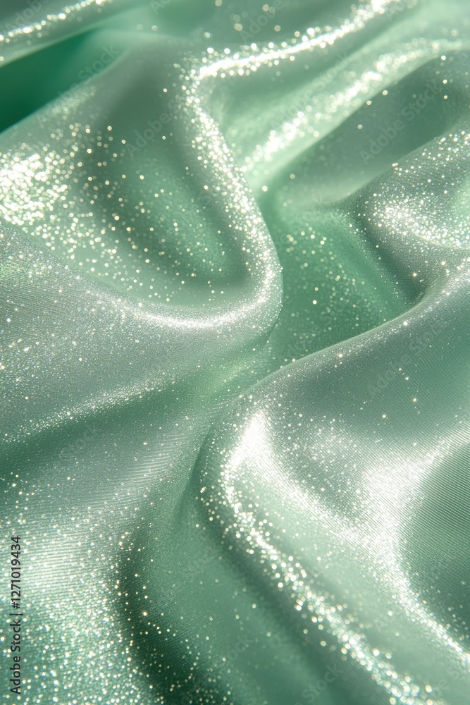 Poster close-up of light green shimmering fabric with soft folds and subtle sparkle.
