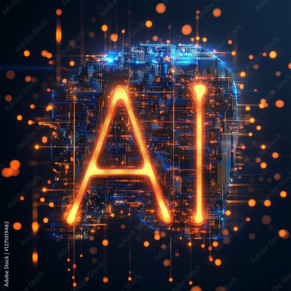 Poster Artificial Intelligence Brain: Digital Circuitry and Glowing AI Text in a Futuristic Design