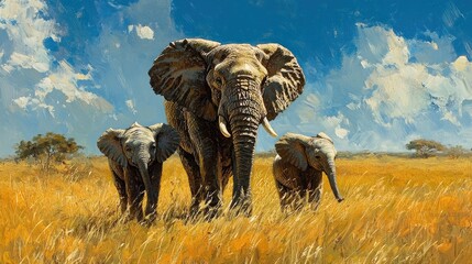 Fototapeta premium Elephant family in African savanna, sunny day, tall grass