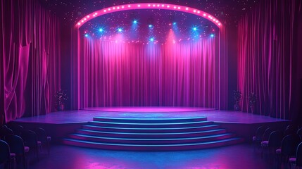 A cartoon-style vector illustration of an empty stage with red curtains and a spotlight, with audience seats visible in the foreground