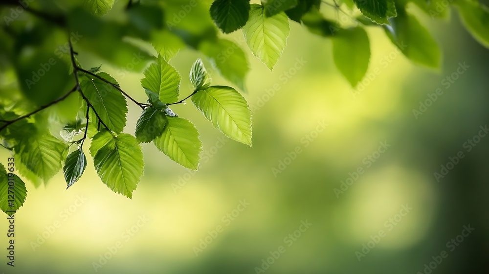 Poster lush green leaves on branches bathed in soft ambient light in a forest : generative ai