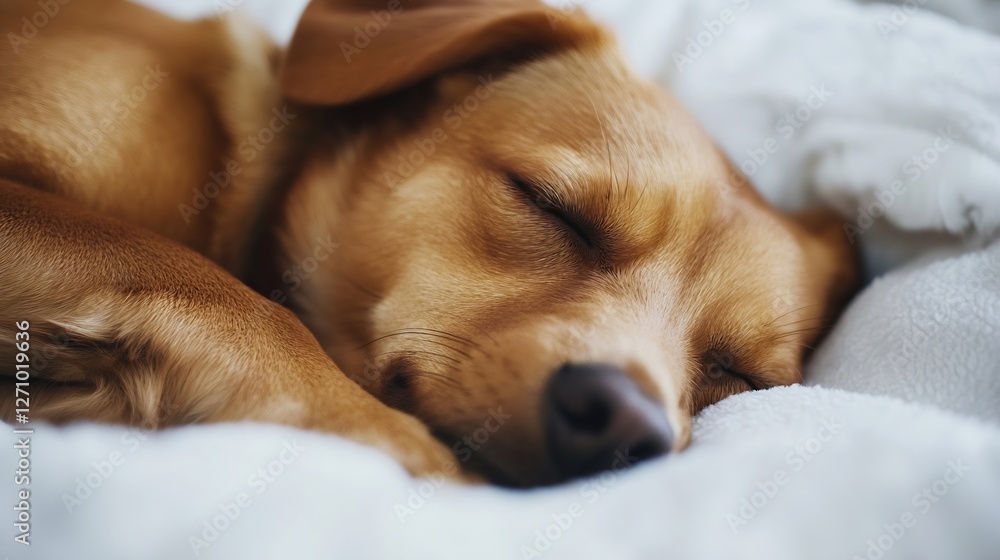 Poster Sleepy Dog Resting Comfortably on Soft Blanket in a Cozy Indoor Environment : Generative AI