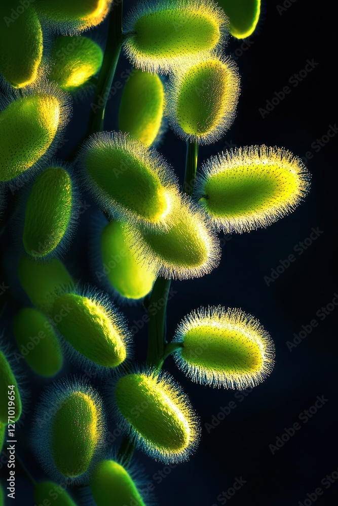 Poster microscopic view of vibrant green, fuzzy, oval-shaped objects clustered on a stem against a dark bac