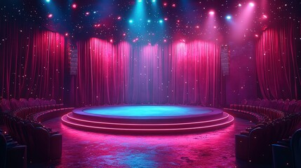 A cartoon-style vector illustration of an empty stage with red curtains and a spotlight, with audience seats visible in the foreground