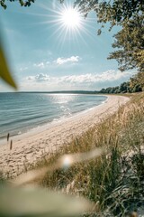 Sunny beach scene with calm water, white sand, and green vegetation.