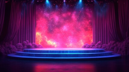 A cartoon-style vector illustration of an empty stage with red curtains and a spotlight, with audience seats visible in the foreground
