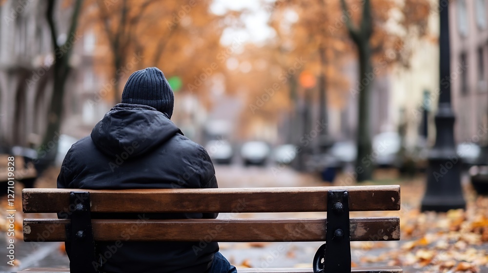 Poster lonely figure on bench surrounded by autumn leaves in urban setting : generative ai