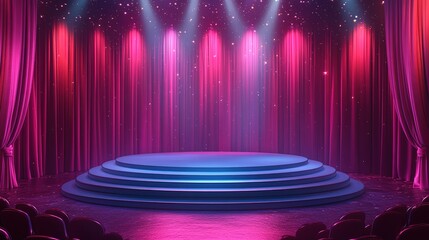 A cartoon-style vector illustration of an empty stage with red curtains and a spotlight, with audience seats visible in the foreground