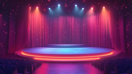 A cartoon-style vector illustration of an empty stage with red curtains and a spotlight, with audience seats visible in the foreground