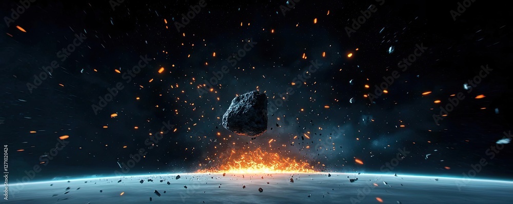 Poster asteroid impact concept. a dramatic scene of an asteroid collision with a planet, capturing explosiv