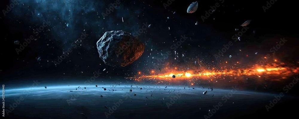 Poster asteroid impact concept. a dramatic view of an asteroid belt with celestial bodies in a vast cosmic 