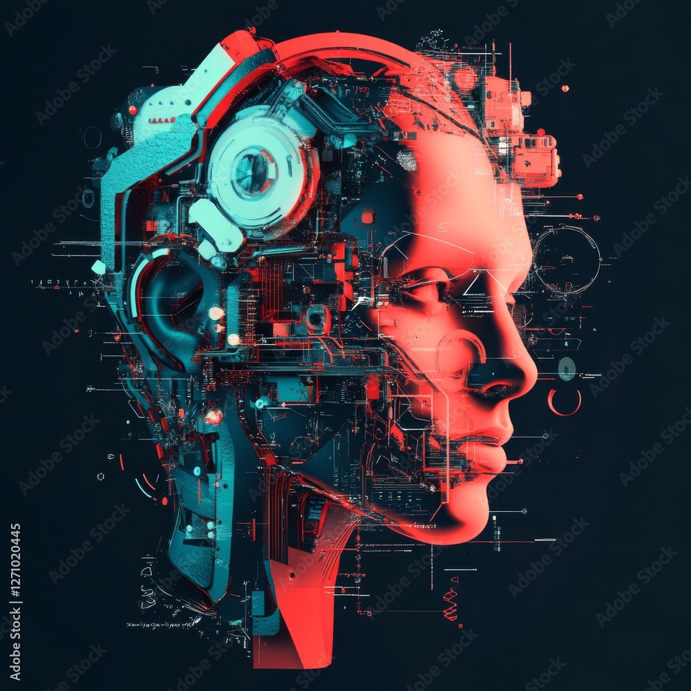 Poster humanoid machine: an artificial intelligence concept with futuristic technology in red and cyan, aga