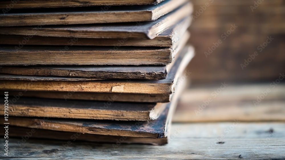 Poster stack of vintage books with worn edges on a wooden surface evoking a sense of history and knowledge 