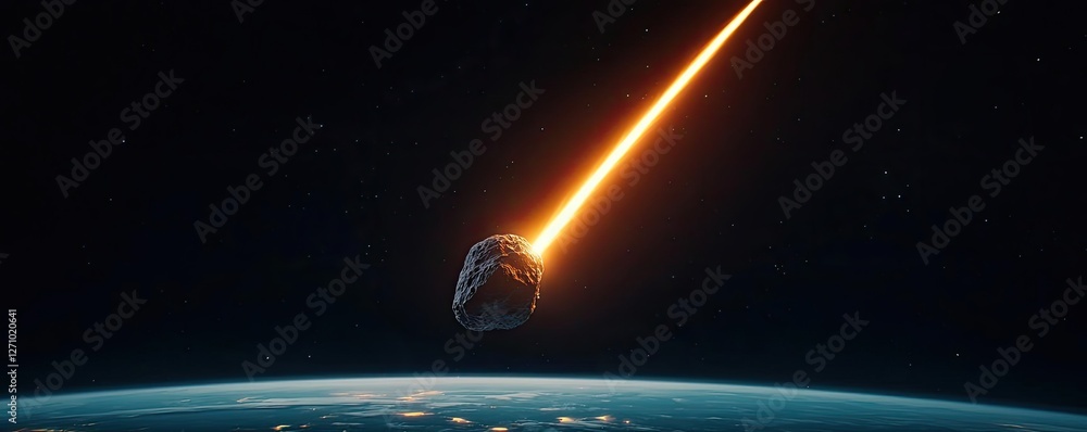 Poster asteroid impact idea. a fiery meteor streaks through space towards earth in a stunning cosmic displa