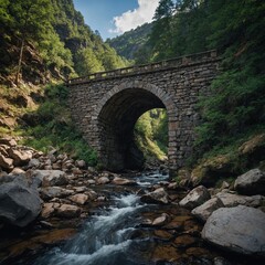 A stone bridge crossing a deep mountain ravine.