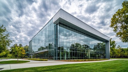 Fototapeta premium Modern glass building with green lawn and trees under a cloudy sky.