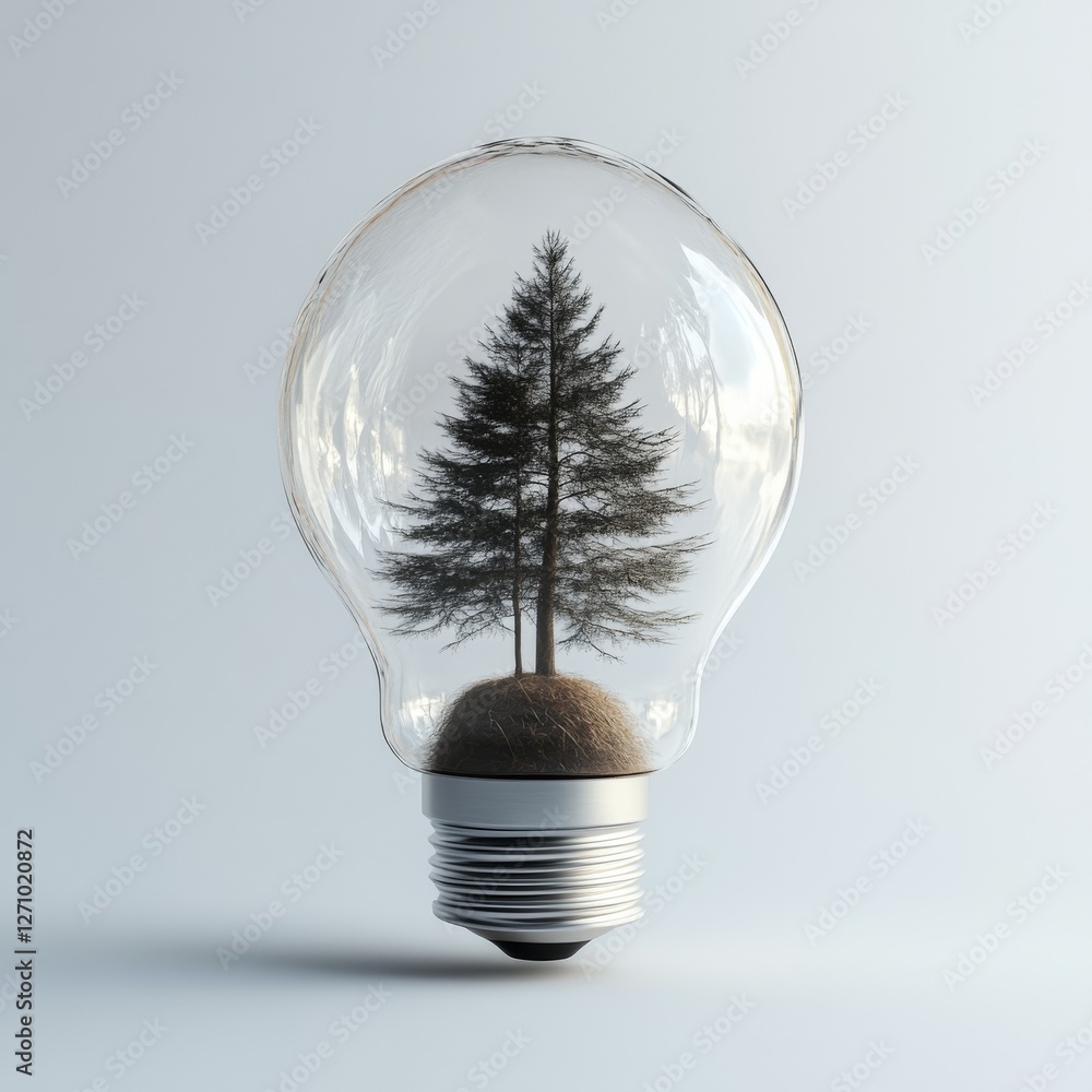 Poster preserving nature: a tree encapsulated in a light bulb, representing conservation and environmental 