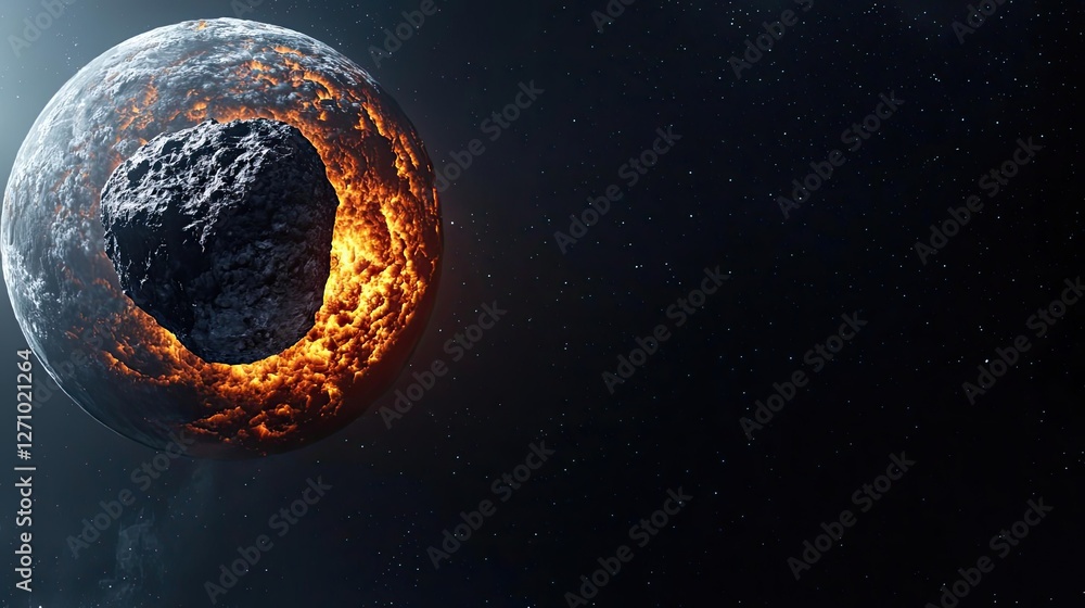 Aufkleber asteroid impact idea. a dramatic depiction of an asteroid approaching a fiery planet in outer space.