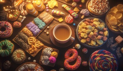 Overhead shot of various sweets, snacks, and a cup of coffee on a wooden table.