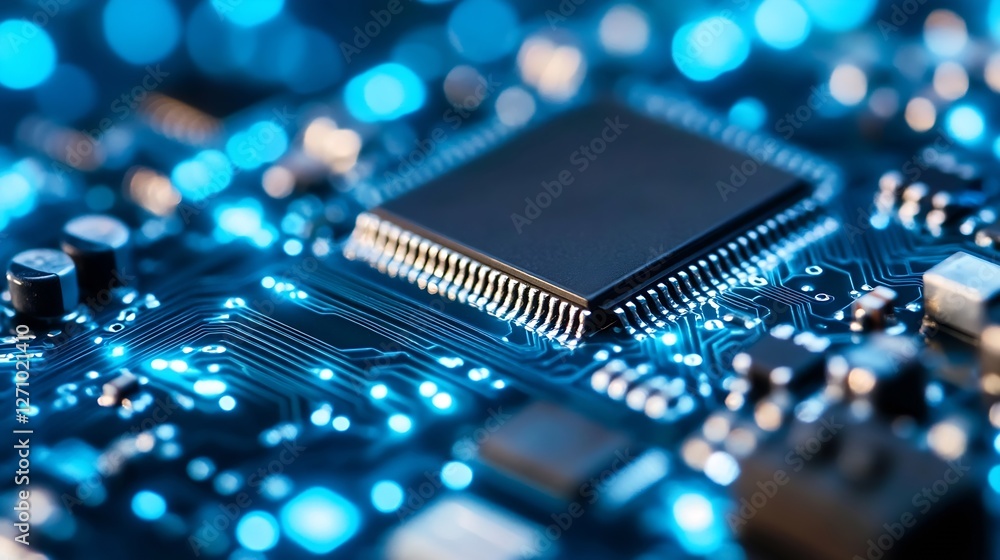 Fototapete Hightech circuit board detail showcasing intricate components and glowing lights for electronics design : Generative AI