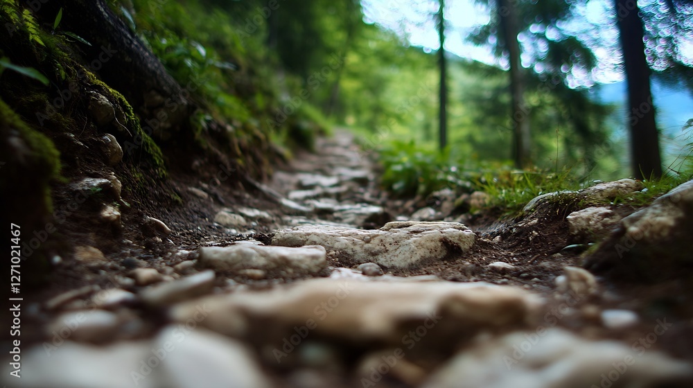 Poster rocky pathway surrounded by lush greenery in a serene forest setting : generative ai
