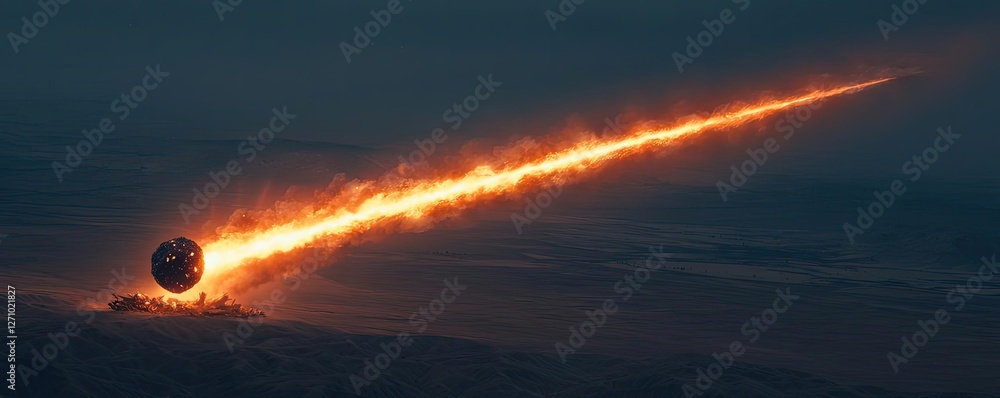 Poster asteroid impact concept. a striking image of a meteor streaking through the night sky with a fiery t