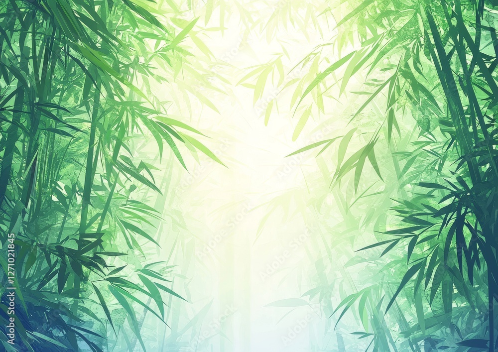 Poster a serene bamboo forest illuminated by soft light, creating a tranquil and lush atmosphere.