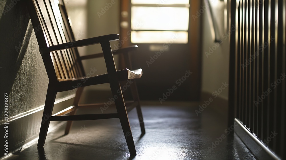 Poster lonely wooden rocking chair in a dimly lit hallway creating a nostalgic and inviting atmosphere : ge