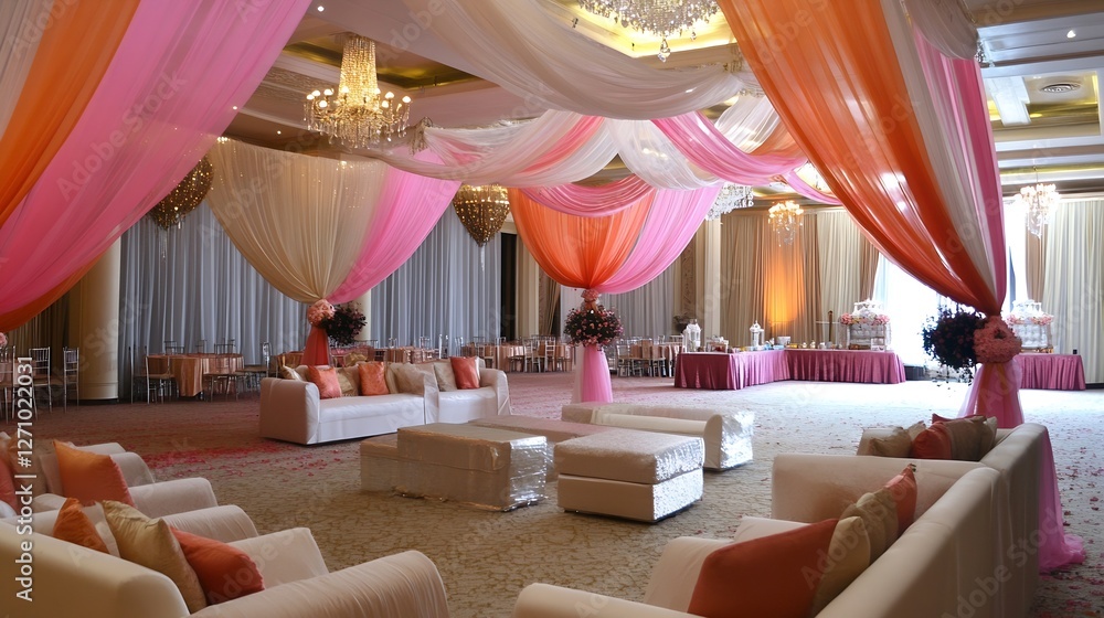 Poster vibrant event hall with colorful drapery and elegant seating arrangements for a special occasion : g