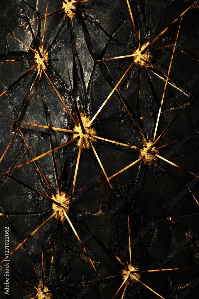 Poster close-up of a dark, textured surface with golden, spiky structures resembling a network or geometric