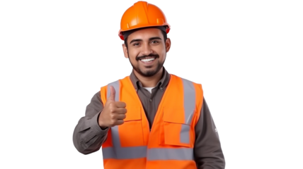 Smiling construction worker giving thumbs up on transparent background PNG.