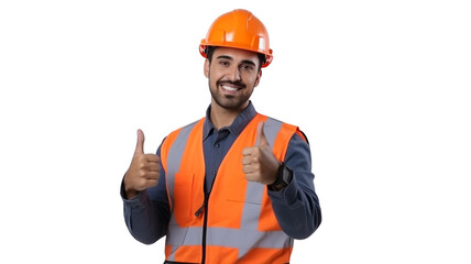 Smiling construction worker in white helmet makes a gesture thumb up on transparent background PNG.