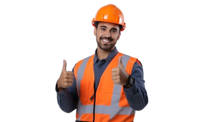 Smiling construction worker in white helmet makes a gesture thumb up on transparent background PNG.