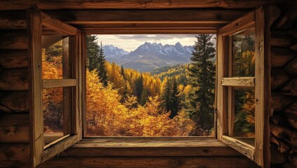 Autumnal mountain view seen through rustic cabin window.