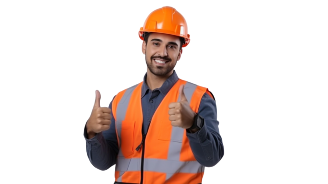 Smiling construction worker in white helmet makes a gesture thumb up on transparent background PNG.