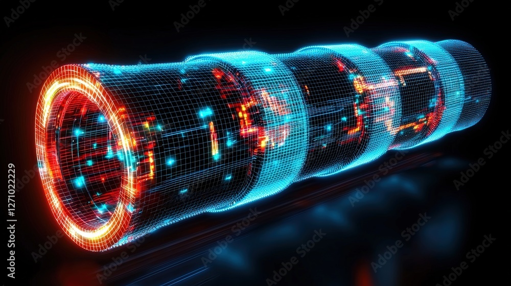 Poster large colorful glowing light source against a black background creating a striking visual effect
